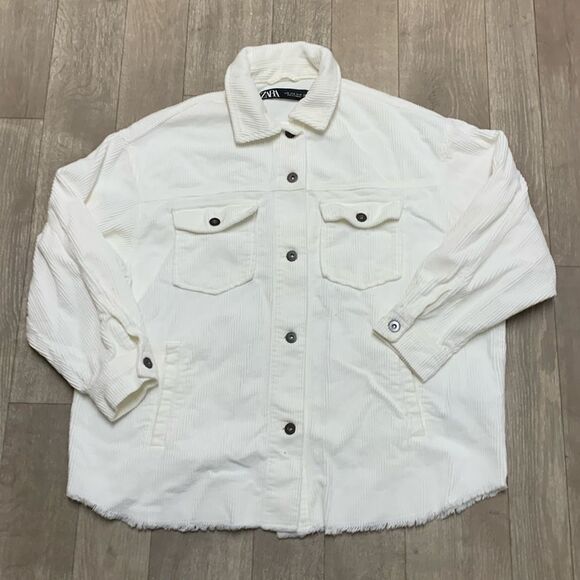 Womens Zara Corduroy Oversized Frayed Hem Button Down Shirt Jacket‎ Shacket - Picture 1 of 6